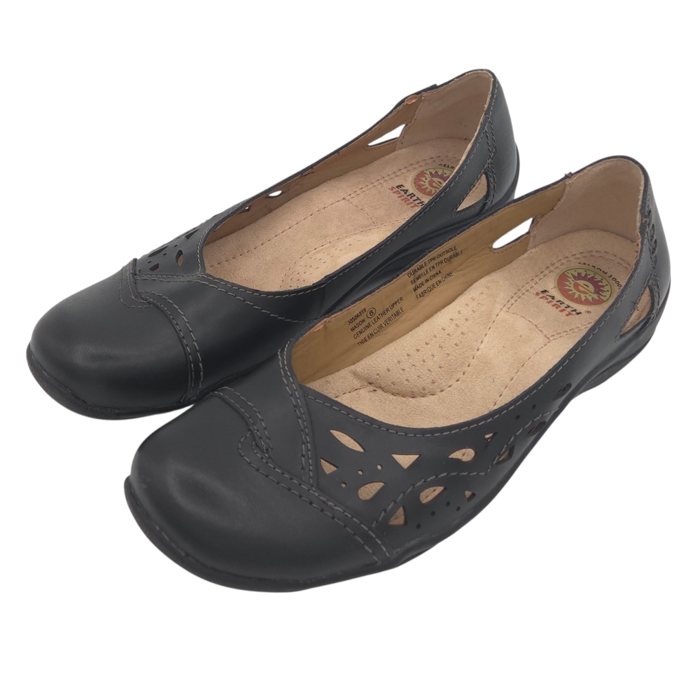 Earth Spirit Black Leather Cutout Flats